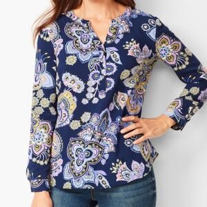 Talbots Colorful Navy Blue Paisley Floral Long Sleeve Top Size Medium Petite